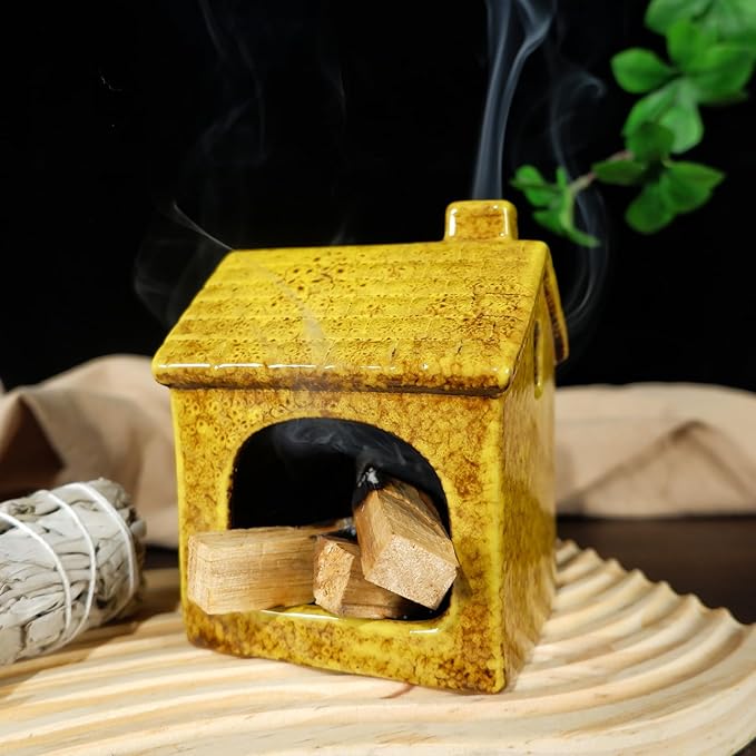 Mougigi Yellow House Palo Santo Burner Holder - Mini Ceramic Chiminea with Stable Base,Smudge Bowl for Burning Sage &Incense Cones-Perfect for Meditation,Yoga Spaces,Spiritual Altars,Home Decor& Gifts