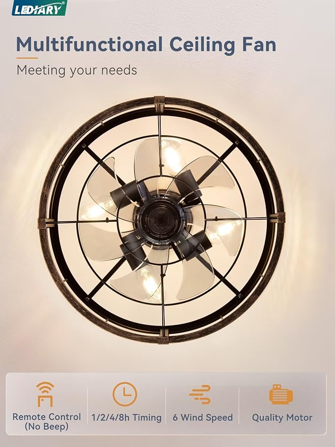 LEDIARY 18 Inch Caged Ceiling Fan with Light, Fandelier Farmhouse Ceiling Fan with Remote, Small Bladeless Fan Lights Ceiling Fixtures for Kitchen, Bedroom, Outdoor-Black and Gold