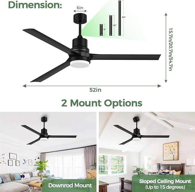 Obabala Outdoor Ceiling Fans with Lights, 52 Inch Black Ceiling Fan with Light and Remote 3 Color 6 Speed Adjustable, Noiseless DC Motor for Indoor Outdoor Patio Farmhouse Bedroom