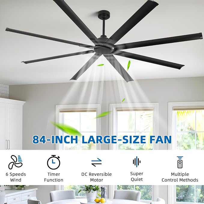 YYEHON 84 Inch Large Industrial Ceiling Fan no Lights, Reversible Dc Motor, 3 Downrods, 6 Speed Remote Control, 8 Aluminum Blades, Black Outdoor Fans for Shop/Gym/Warehouse/Garage
