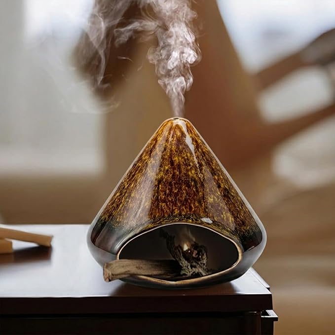 Handcrafted Ceramic Palo Santo Holder –Artistic Incense Burner for Meditation, Mindfulness & Zen Home Decor – Wabi-Sabi Style Cone Sculpture, Relaxation & Aromatherapy-Gift for Yoga (Brown)