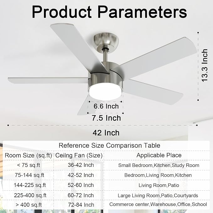 POCHFAN 42 Inch Brushed Nickel Ceiling Fans with Lights,Ceiling Fan with Remote Control,Reversible DC Motor,3 CCT 6-Speed,Noiseless Ceiling Fan for Bedroom,Living Room,Dining Room,ETL Listed