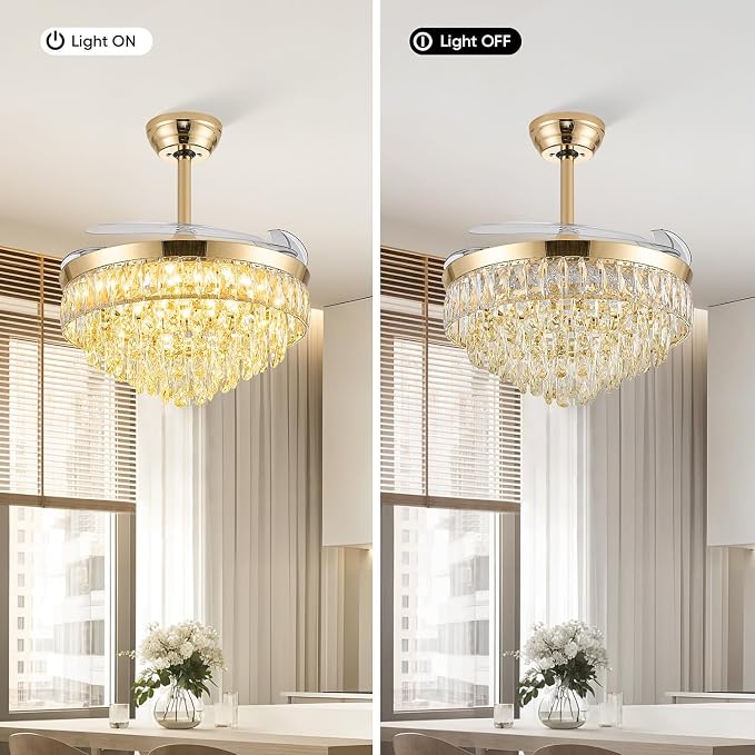 48 Inch Chandelier Ceiling Fan with Lights, Retractable Fan with Remote and APP, Crystal Fandelier Ceiling Fan, Dimmable LED, Reversible Motor, Quiet for Bedroom Living Room-Gold