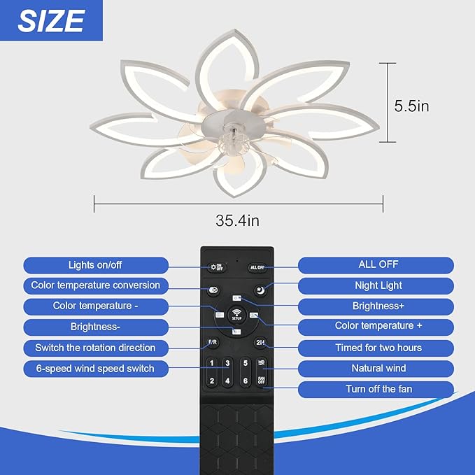 35" Geometric Ceiling Fan with Light Remote Control, 6 Speeds 3 Colors, White Low Profile Flush Mount Ceiling Fan for Kitchen Bedroom Living Room