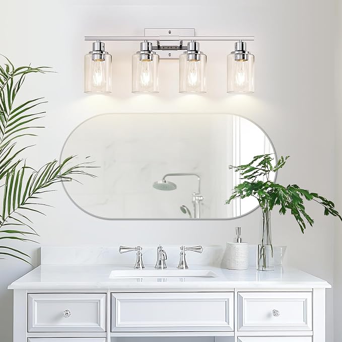 Indoi 4-Light Bathroom Light Fixtures, Chrome Modern Vanity Lights with Clear Glass Shades, Bathroom Wall Lamp for Mirror Living Room Cabinet Bedroom Porch