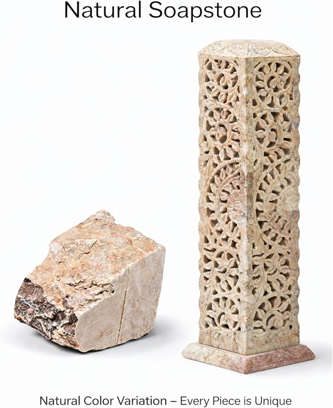 Carry Me Handmade Marble Soapstone Incense Stick Burner | Candle Stick Holder | Tea Light Burner - Perfect Floral Carving for Gifting. Decorative Home and Kitchen Decor (3 x 3 x 11 Inches)