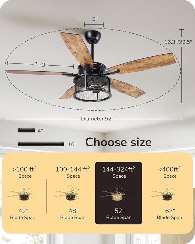 EDISHINE 52" Farmhouse Ceiling Fans with Lights and Remote, 10%-100% Dimmable, 5 Wooden Blades Lighting & Ceiling Fans with Timer, 6 Speeds Reversible DC Motor for Living Room Bedroom, Burnt Wood