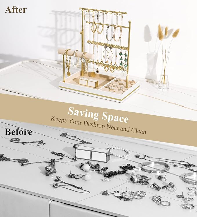 Emibele Jewelry Necklace Holder, 5 Tier Jewelry Organizers and Storage | Earring Bracelet Holder, Jewelry Display with Metal Frame Velvet Ring Tray, Aesthetic Jewelry Stand Gifts for Women, Gold