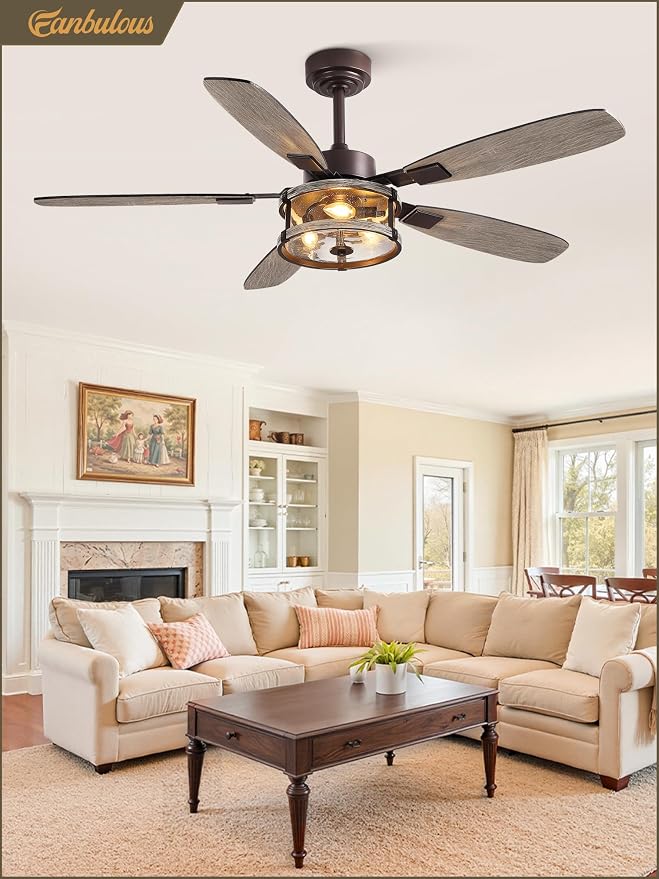 Fanbulous Farmhouse Ceiling Fan with Light and Remote, 52" Black Rustic Flush Mount Ceiling Fans for Bedroom Living Room, Industrial Caged Ceiling Fan for 6 Speed Reversible Motor, 5 Dual Blades
