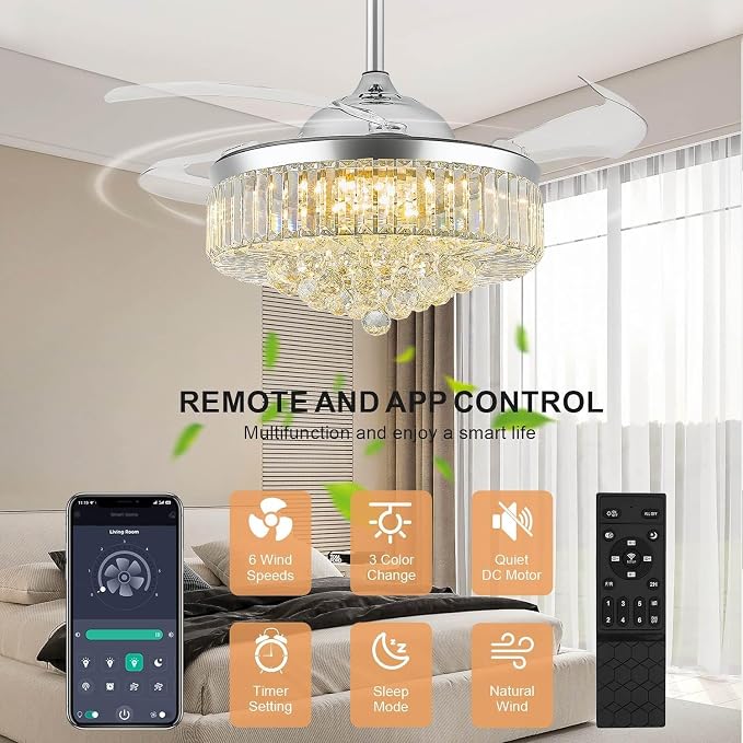 48 Inch Fandelier Ceiling Fans with Light, Chandelier Ceiling Fan, Retractable Ceiling Fan for Bedroom, Living Room, 3 Color Change, LED Dimmable, 6 Speeds, Reversible DC Motor- Chrome