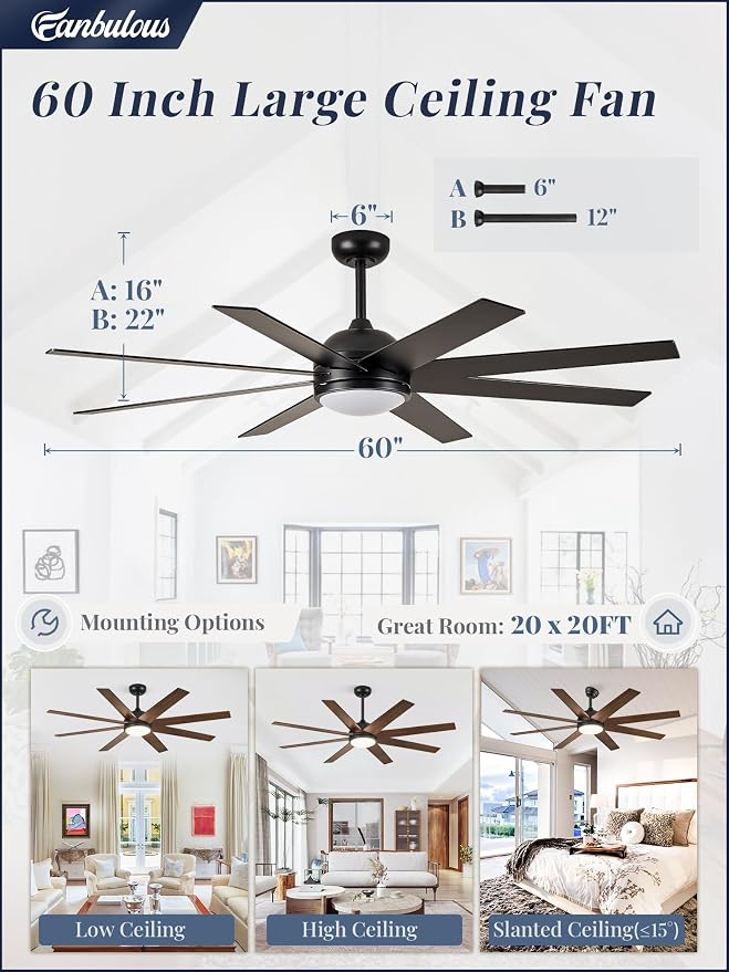 Fanbulous Ceiling Fans with Lights, 60 inch Black Ceiling Fan with Light and Remote, Outdoor Ceiling Fans for Living Room Patio, 6 Speeds, Reversible Quiet DC Motor, 3 CCT, 8 Blades