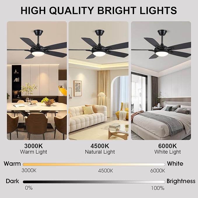 Kviflon 52 Inch Ceiling Fans with Lights and Remote, Modern Indoor Outdoor Ceiling Fan for Bedroom Living Room Patio Porch, 6 Speeds, Reversible Quiet Motor, Dual Finish Wooden Blades, Black