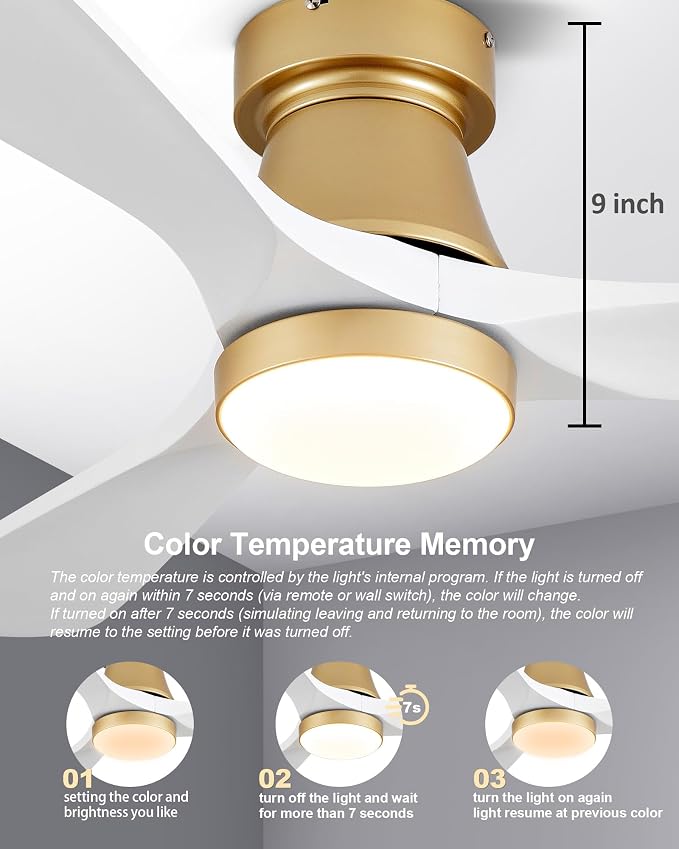 42 Inch Gold Ceiling Fan with Lights, Remote Control, Flush Mount, Dimmable, Reversible,Wood Blades, Power-Off Memory, Quiet DC Motor, Modern Hugger Ceiling Fan for Indoor Outdoor Gold White