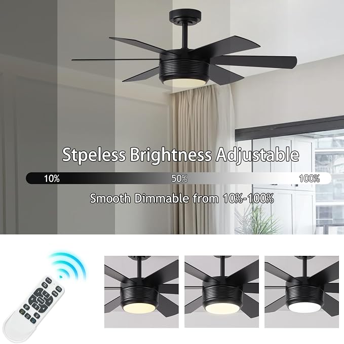 SHOWDI Black Ceiling Fans with Lights and Remote, Quick Installation, 42 in | 2 Blade Color, Metal Material, App Remote Control, Timer, Reversible, 3CCT, Dimmable for Bedroom, Living room, Indoor