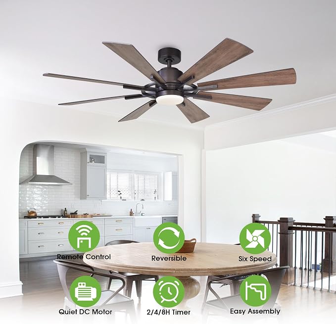 60 inch Ceiling Fans with Lights and Remote, Black Farmhouse Chandelier Fan, 8 Blades, Quiet DC Motor, Indoor/Outdoor ETL Large Ceiling Fan for Kitchen Living Room Garage, 3 CCT, 6 Speed, Timer