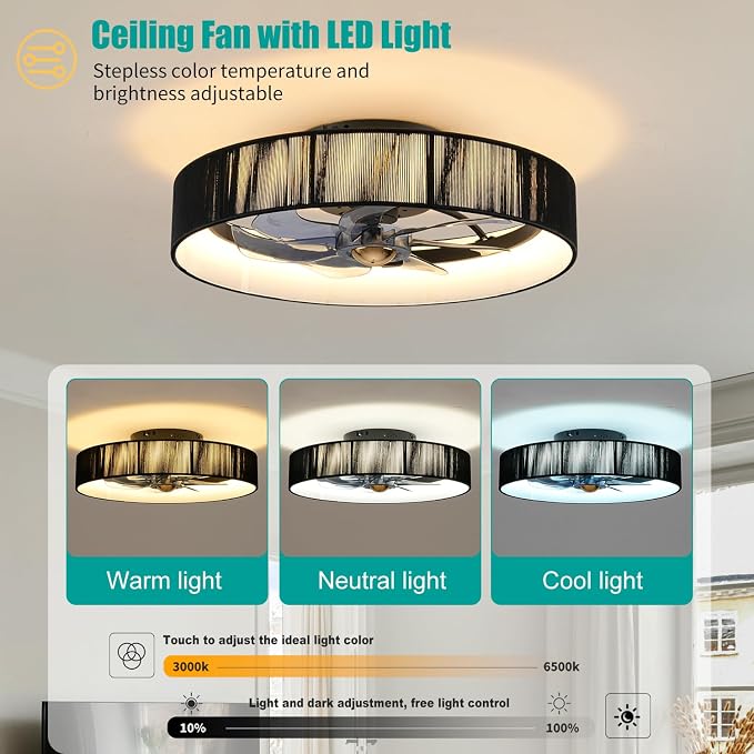 20" Flush Mount Caged Ceiling Fan with Lights, Low Profile Fandelier with Remote/App Control, 6 Speeds Dimmable LED Ceiling Fan, Fabric Farmhouse Style for Bedroom Kitchen Living Room（Black）