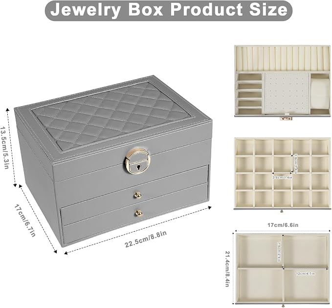 GUOER Jewelry Box for Women Girls, 3 Layers Large Jewelry Organizer (Grey) | Vintage Quilting Stitching PU Leather, Earrings Bracelets Rings Necklace Watches Storage Large Jewellery Holder Case Gifts