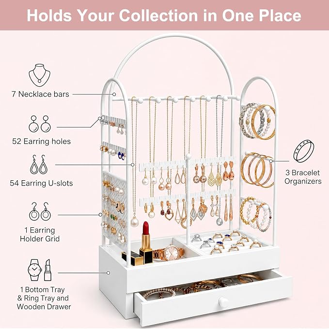 Jewelry Holder, Jewelry Storage Organizer Stand with Velvet Tray & Drawer, Earring Holder & Necklace Display, Multi-section Storage for Necklace, Earrings, Rings, Bracelets, Watches, Gift Idea