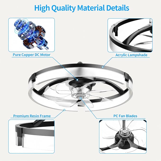 Ceiling Fans with Lights and Remote, 20'' Low Profile Ceiling Fan, 1-6 Wind Speeds, 3000-6500K Dimmable Flush Mount LED Fan Light, Modern Fandelier Ceiling Fans for Bedroom