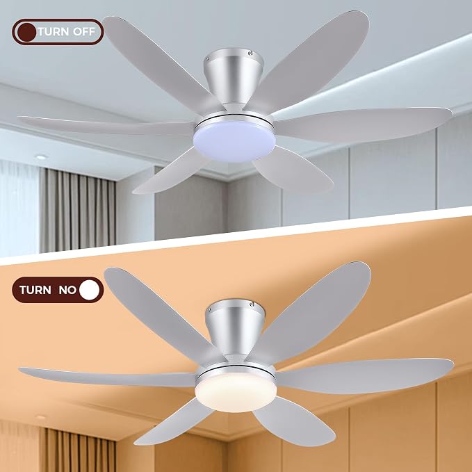 GJeg Ceiling Fans with Lights,42" Low Profile Ceiling Fan with Light and Remote Control,Flush Mount, Reversible, Dimmable, Noiseless, Silver Ceiling Fan for Bedroom