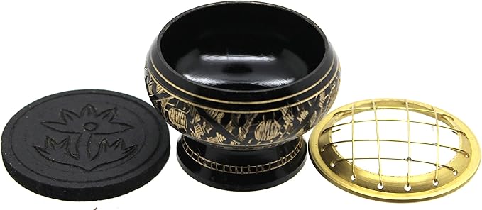 Govinda - Small Decorated Brass Charcoal Screen Incense Burner with Wooden Coaster