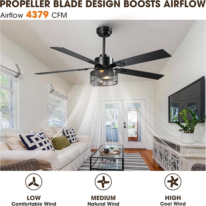 52 Inch Farmhouse Ceiling Fan with Light and Remote, Rustic Caged Ceiling Fans with 6-Speed Reversible Motor, 5 Dual Finish Blades, Outdoor Ceiling Fan for Living Room Bedroom Patio