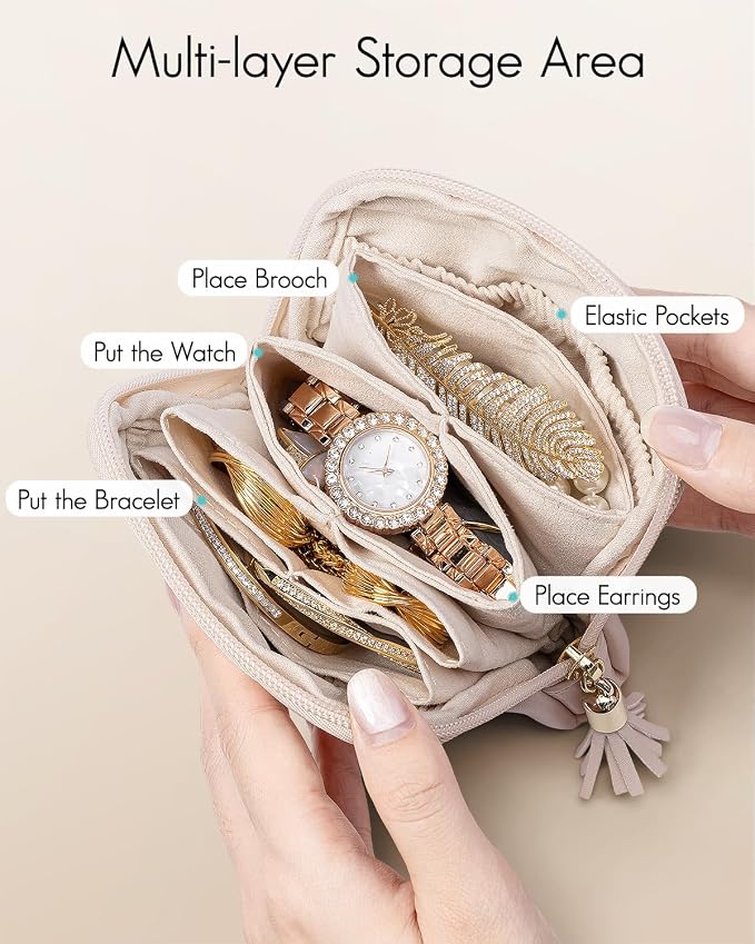 VLANDO Small Travel Jewelry Organizer,Bridesmaid Gifts,Jewelry Pouch Bags,Velvet Jewelry Storage Bag for Bracelet Rings Earring,Portable Jewelry Travel Case for Traveler-Apricot Pink