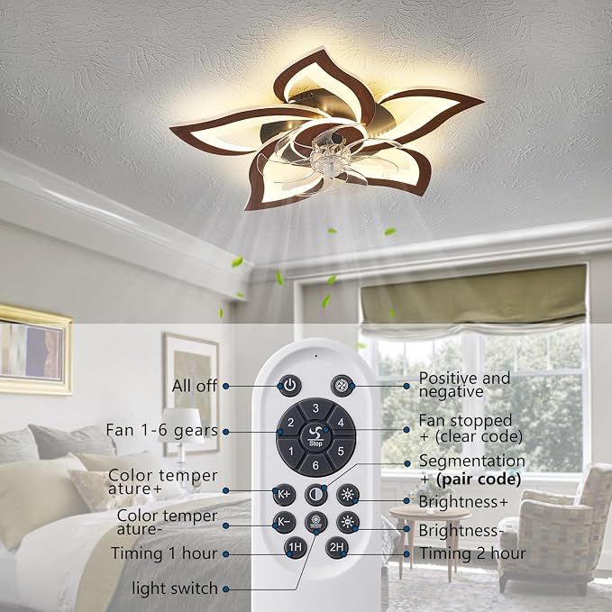 Flower Modern Ceiling Fans with Lights, Low Profile Ceiling Fan with Remote for bedroom, Flush Mount Ceiling Fan with LED Dimmable Light,3-Colors, 6-Speeds, Timing CeilingFans Light, Walnutcolor