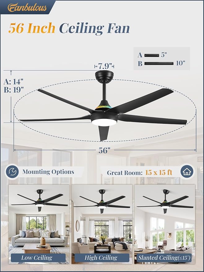 Fanbulous 56'' Smart Ceiling Fans with RGB Lights, Modern Ceiling Fan with Alexa/App/Remote Control, Dimmable LED Light, Reversible DC Motor, for Living Room, Bedroom, Game Room, Black
