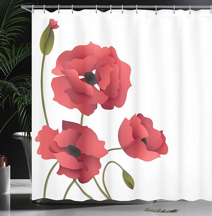 Ambesonne Floral Shower Curtain, Poppy Flowers Vivid Petals Buds Pastoral Purity Mother Earth Nature Design, Cloth Fabric Bathroom Decor Set with Hooks, 69" W x 70" L, Dark Pink