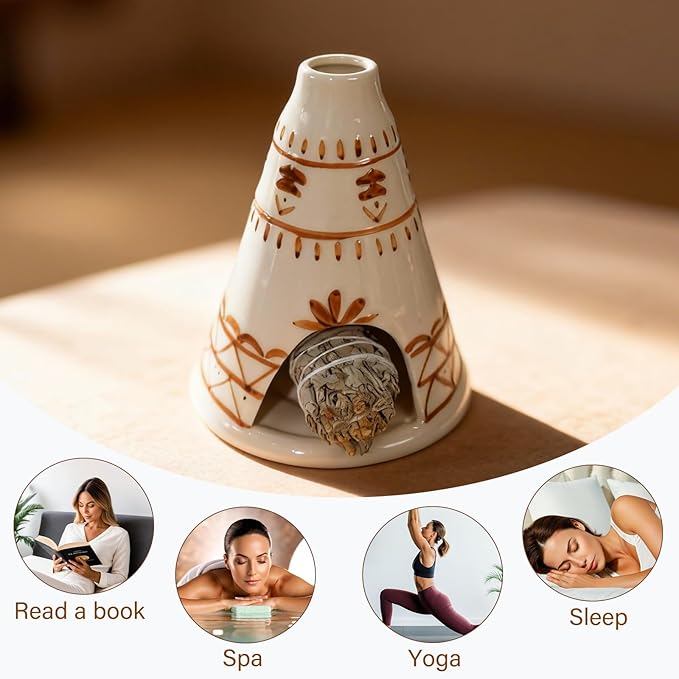 MOUGIGI Handcrafted Palo Santo Holder Ceramic Chimney Incense Burner - Tent Shape - Safe for Palo Santo Sticks Sage & Incense Cones for Meditation Yoga Zen Altar Aromatherapy - Thoughtful Gift Idea