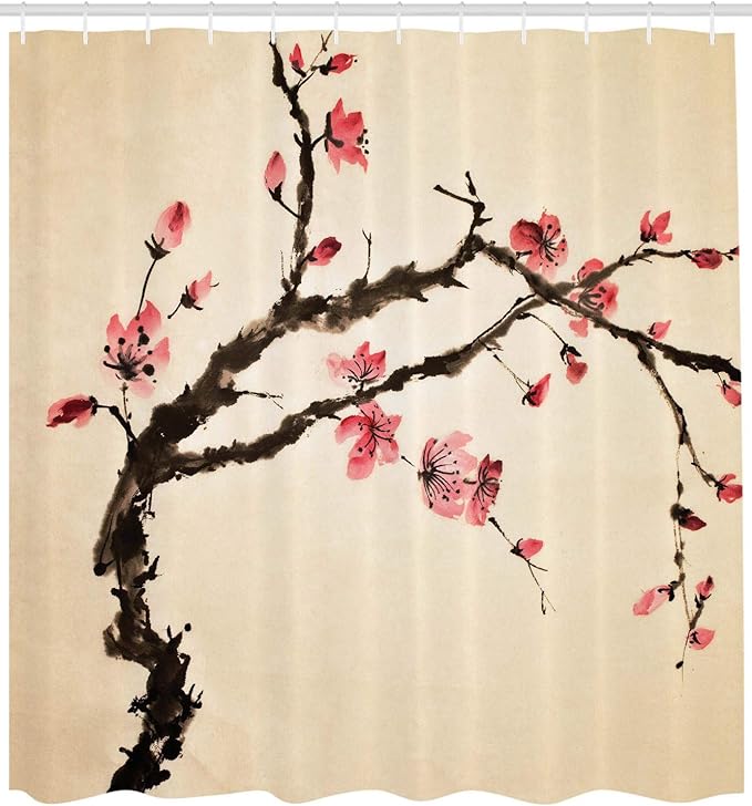 Ambesonne Japanese Shower Curtain, Traditional Chinese Paint of Figural Tree with Details Brushstroke Effects Print, Cloth Fabric Bathroom Decor Set with Hooks, 69" W x 75" L, Brown Pink