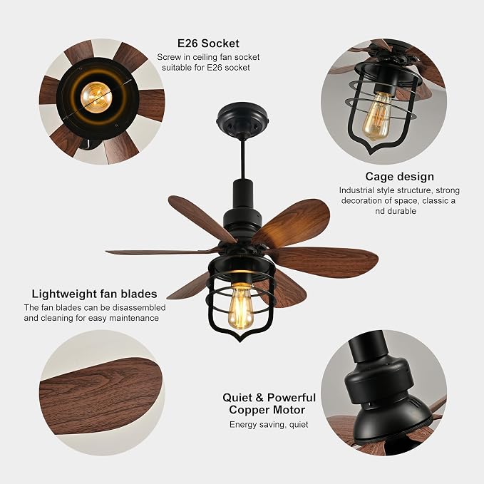 Garwarm 20IN Ceiling Fans with Lights, Socket Fan Light with Remote, Screw in Ceiling Fan in Light Socket Small Ceiling Fan for Garage,Bedroom, Kitchen, Living Room(Bulb not Included)