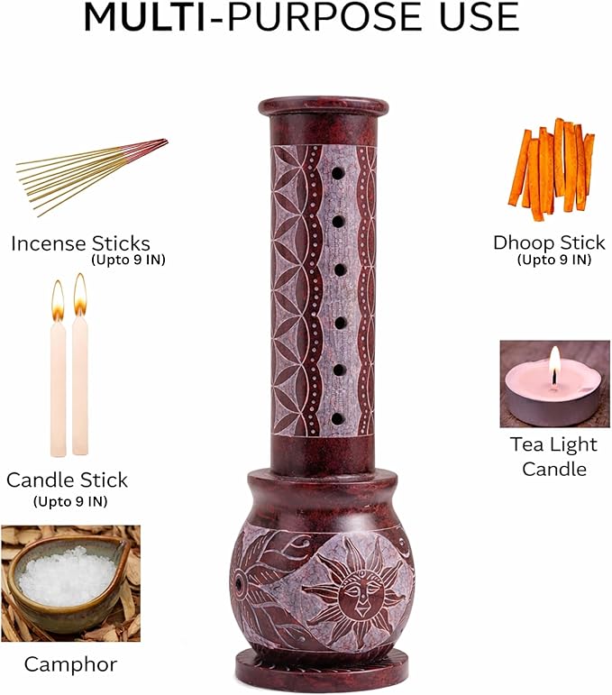 Marble Handmade Soapstone Red Incense Stick Holder | Candle Burner | Tea Light Holder - Round Jaali Carving for Gifting. Decorative Home and Office Decor - (3 X 3 X 10 Inches)