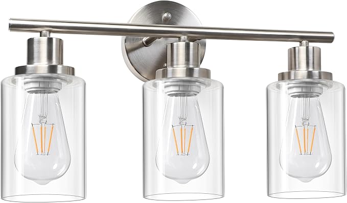 Unicozin 3 Light Vanity Lights, Brushed Nickel Wall Sconce Light with Clear Glass, Bathroom Light Fixtures, Wall Lights for Mirror, Living Room, Bedroom, Hallway, E26 Base (Bulbs Not Included)