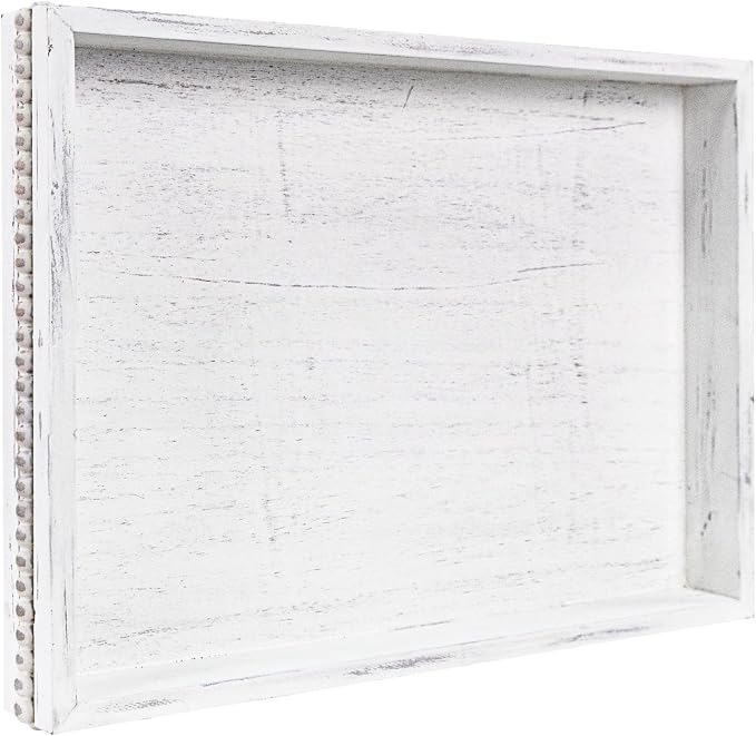 Wooden Decorative Tray, Rectangular Serving Tray with Wood Bead, Farmhouse Big Tray for Ottoman, Countertop, Coffee Tabl, 16.5" x 13"x 1.6" (Retro White)