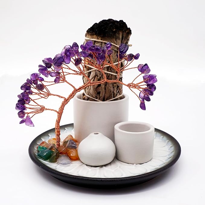 5 in 1 Incense Burner Holder with Crystal Tree for Burning Palo Santo Stick, Sage, Incense Sticks, Candle, Ceramic Tray Ash Catcher, Meditation Gift (Purple)