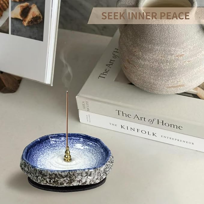 Handmade Ceramic Incense Burner, Ash Catcher for Sticks, 9 Incense Holes Suitable for Most Types, Cones, Palo Santo & Sage, Ideal for Meditation, Incense Smudging, and Home Decor (Blue&White)