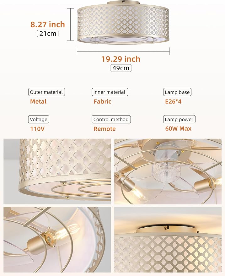 20" Gold Ceiling Fan with Light Flush Mount, Boho Ceiling fans with lights Remote Control, with 6 Speeds for Bedroom, Nursery, Living Room