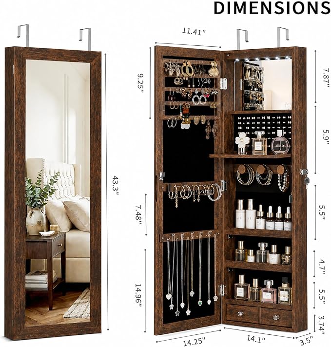Over the Door Jewelry Organizer, Wall Mounted Jewelry Cabinet, Hanging Mirror with Storage Box, Wall/Door Mounted Full Length Mirror with LED