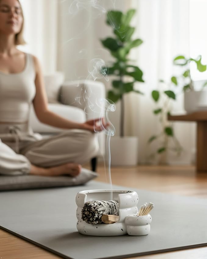 Ceramic Palo Santo Holder Burner, Handcrafted Incense Holder with Ash Catcher for Sage, Incense Cone, Smudge Stick Holder for Meditation, Yoga, Spiritual Cultivation Decoration & Gifts
