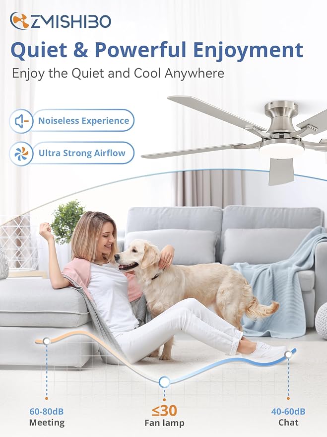 ZMISHIBO 52 Inch Ceiling Fan with Light, App&Remote Control, Flush Mount Low Profile, Dimmable 20W LED Light, Quiet Reversible Motor for Bedroom, Living Room, Apartment, Nickel