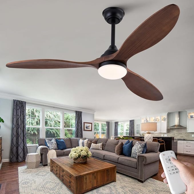 52 inch Ceiling Fans with Lights and Remote Control, Dimmable LED Light, Indoor Outdoor Mordern Black Ceiling Fan with 3 Wood Blade for Patio Living Room, Bedroom, Office, Summer House