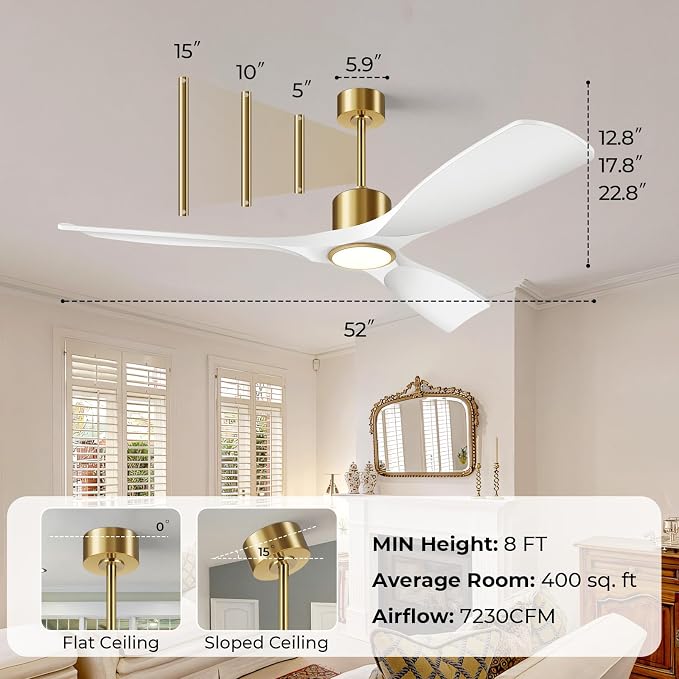 Ceiling Fans with Lights, Ceiling Fans with Lights and Remote Control, 52 inch Modern Smart White and Gold Ceiling Fan, Outdoor Ceiling Fans for Patios 3 Blade Bedroom Farmhouse（White）