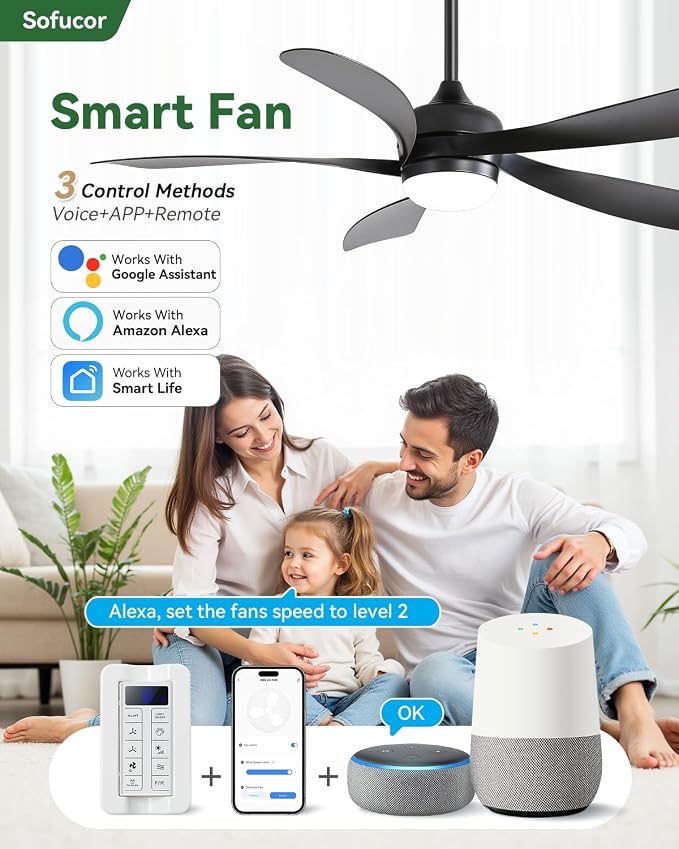 Sofucor 52" Smart Ceiling Fan, Indoor/Outdoor Black Ceiling Fans with Lights and Remote, Works with Alexa/Google/App, 3-Color Light 6-Speed Timing Reversible DC Motor for Bedroom Living Room Patio