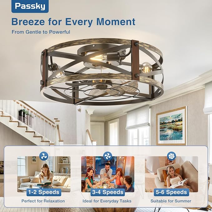 Passky 20" Farmhouse Flush Mount Ceiling Fans with Lights and Remote, Industrial Black Caged Low Profile Fandelier, 6 Speeds Bladeless Ceiling Fan for Bedroom, Kitchen, Living Room