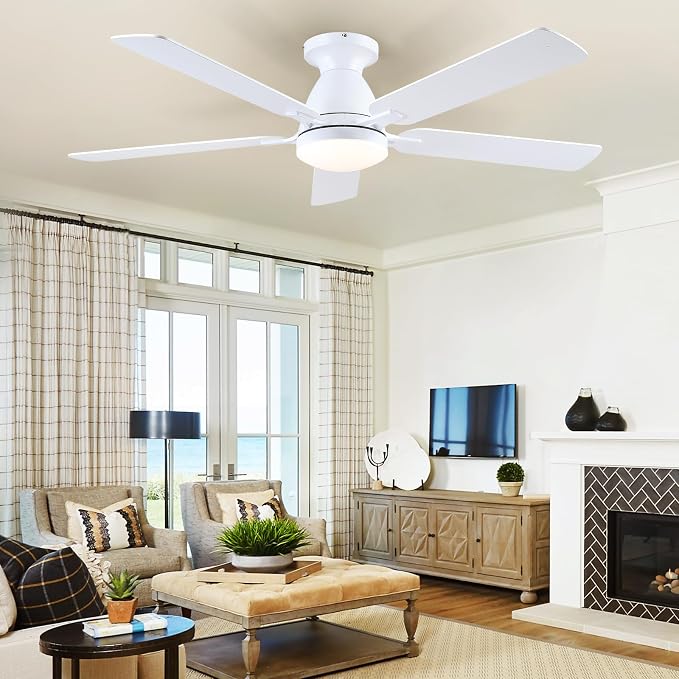 52 Inch Ceiling Fans with Lights and Remote, Flush Mount, White | Low Profile, Dimmable LED, Reversible, Quiet DC Motor, Wooden Blades, for Modern Apartment Bedroom Home Office Living Room