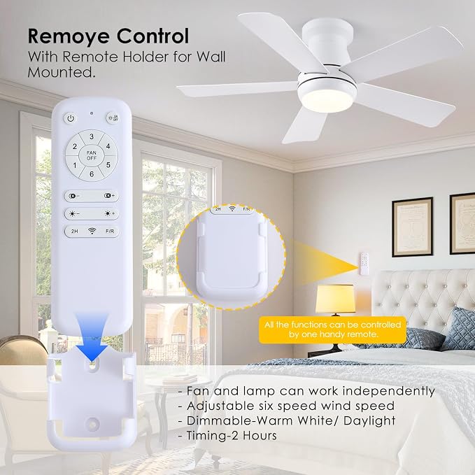 Hounberi 40" Low Profile Ceiling Fan with Light and Remote, Flush Mount White Modern Fan for Low Ceilings, Quiet Reversible Motor, 3-CCT Dimmable Lighting for Bedroom & Living Room