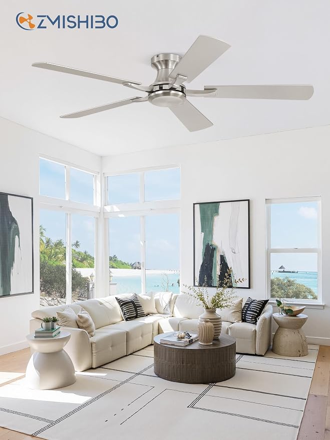 ZMISHIBO 52 Inch Ceiling Fan No Light, Flush Mount Low Profile, Modern Nickel Ceiling Fan Without Light, Remote Control & Quiet DC Motor, for Indoor&Outdoor, Bedroom, Living Room