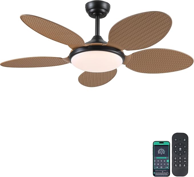 48"Tropical Style Palm Leaf Ceiling Fans with LED Lights and Remote & APP | Supports Remote and APP, 6 Wind Speeds, Reversible, Dimmable 3CCT LED, 35W Quiet DC Motor,Suits for Bedroom Kitchen